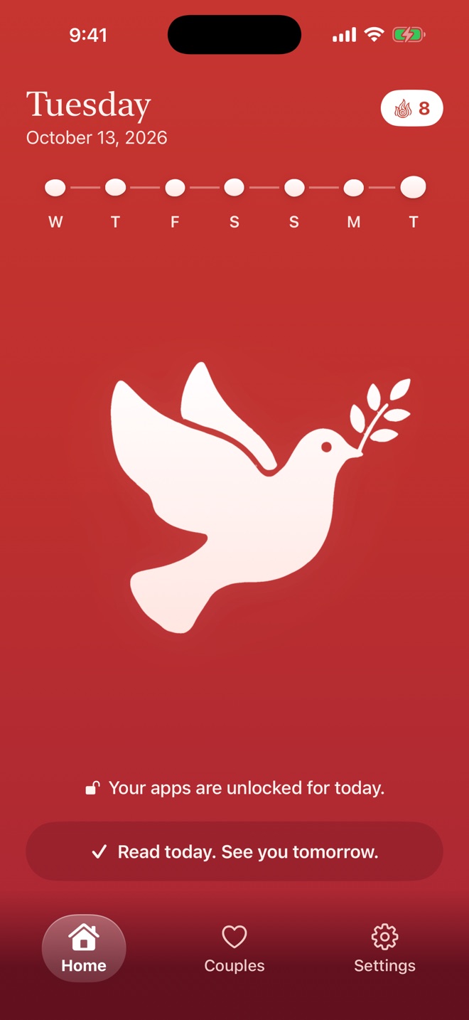 Home after a full week: the page turns sunset red and the dove is filled