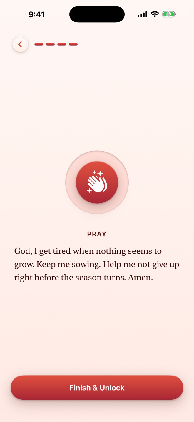 DuoFaith prayer screen with a Finish & Unlock button