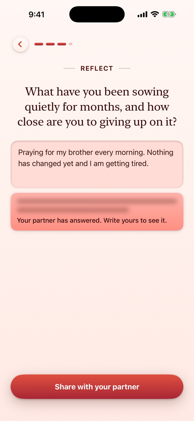 DuoFaith reflection question, with a partner's answer waiting